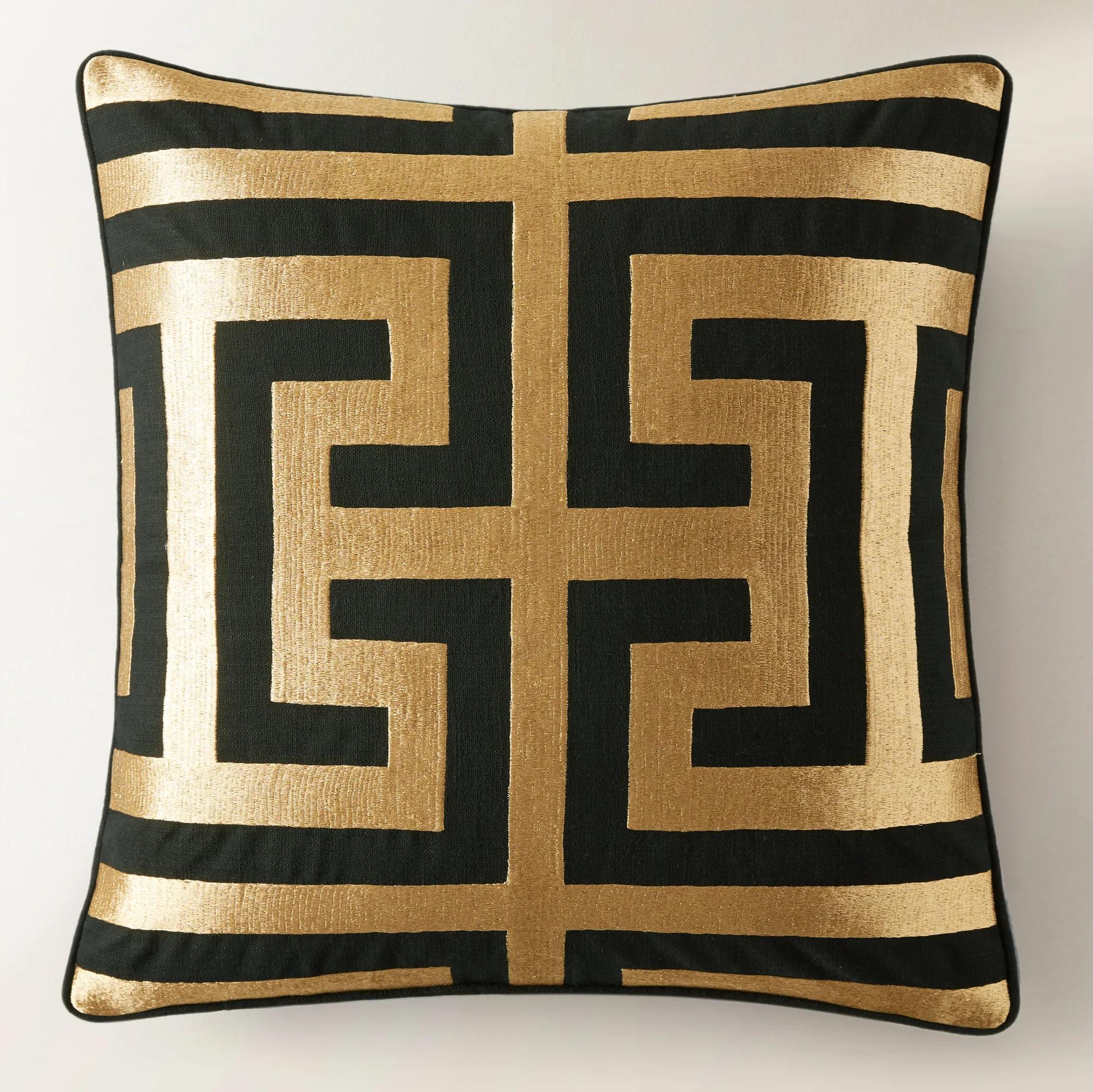 Cace Embroidered Gold/Black Linen Pillow 22"x22"