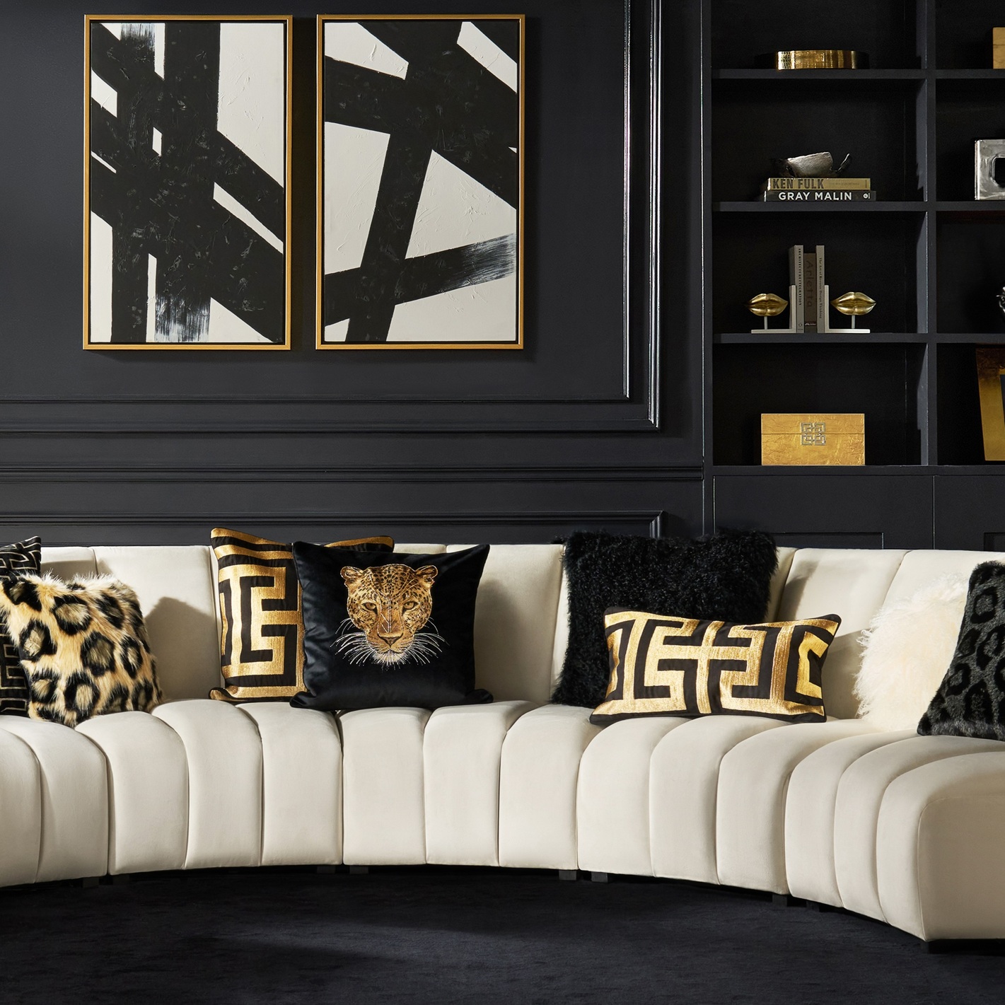 Cace Embroidered Gold/Black Linen Pillow 22"x22"