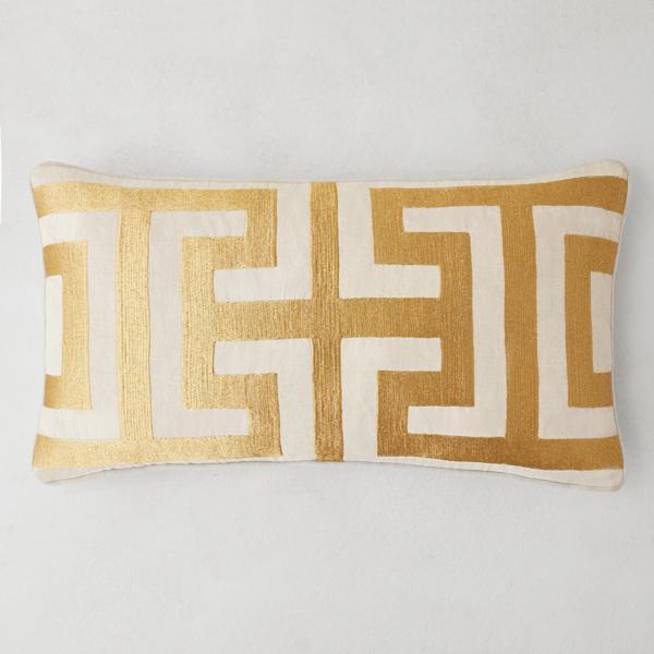 Cace Embroidered Gold/White Linen Lumbar Pillow 14"x26"
